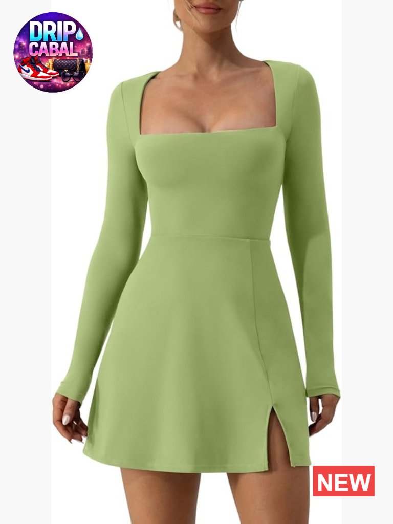 Square Neck Long Sleeve Bodycon Mini Dress With Side Slit